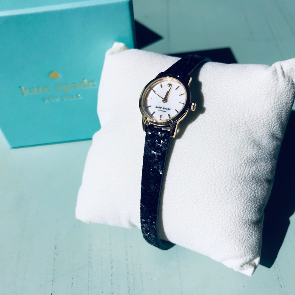 Kate Spade Black Glitter Leather Slim Gold Watch